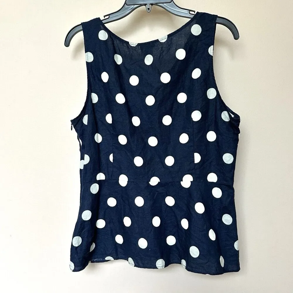 J Crew Top Women's 12 Navy Blue Polka Dot Peplum Linen Cotton Sleeveless Preppy